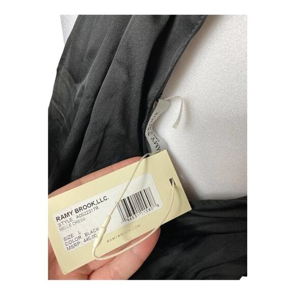 NWT RAMY BROOK DRESS MIDI BLACK BELLE HALTER HI LOW BLOUSON SILKY STRETCHY CHIC - Picture 7 of 9